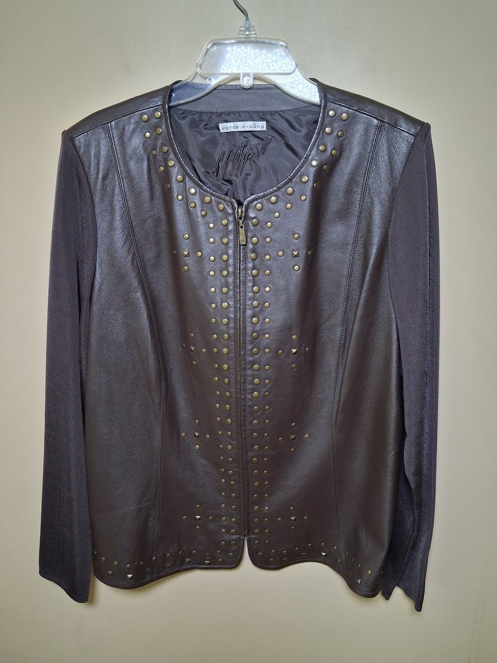 Peter Nygard Brown Genuine Leather Studded Mixed Media Moto Jacket, Size L (?)